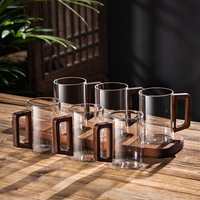 花语四季 玻璃杯套装家用客厅耐高温绿茶杯大容量带把水杯6只待客喝水杯子