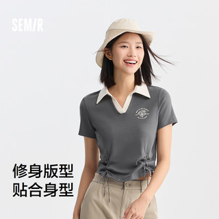森马 SemirPOLO衫女短款设计感绑带美式复古辣妹夏季修身印花上衣小心机 灰色调00322 165/88A/L