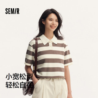 森马 SemirPOLO衫女短款条纹复古风宽松文艺夏季小个子质感上衣气质chic 白咖色调00315 170/92A/XL