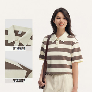 森马 SemirPOLO衫女短款条纹复古风宽松文艺夏季小个子质感上衣气质chic 白咖色调00315 170/92A/XL