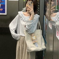 vv组合 韩系甜美斜肩荷叶领长袖T恤女2025年夏季新款条纹设计感潮上衣服