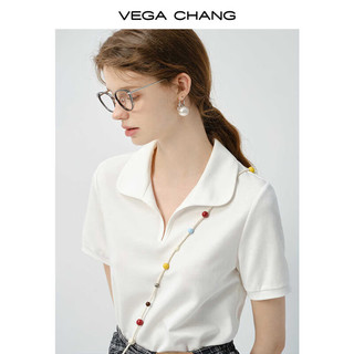 VEGA CHANG短袖T恤女2025年夏纯色翻领修身休闲百搭正肩上衣 珍珠白 L