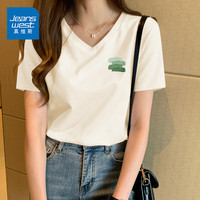 真维斯（JEANSWEST）短袖t恤女夏季2025新款正肩设计感小众半袖上衣女装纯棉V领体恤女 _