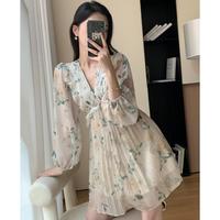 韩版压褶碎花连衣裙小个子气质奶甜温柔百褶裙子小清新雪纺短裙