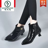 TUCANO啄木鸟牛漆皮小猫跟短靴女真皮韩版细跟尖头踝靴女秋冬时装靴女低跟 黑色 36
