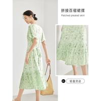 【小野联名】夏装飘逸百褶下摆优雅方领女式短袖连衣裙