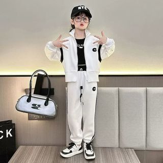 迪士尼（Disney）女童运动套装2024春秋装洋气姐弟装韩版大童卫衣母女两件套潮 米色拼玫红条 90cm