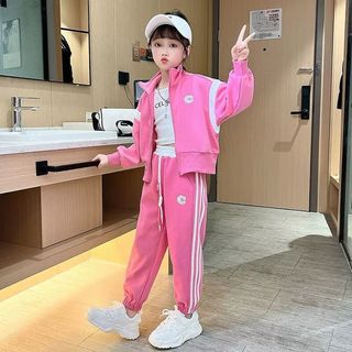 迪士尼（Disney）女童运动套装2024春秋装洋气姐弟装韩版大童卫衣母女两件套潮 米色拼玫红条 90cm