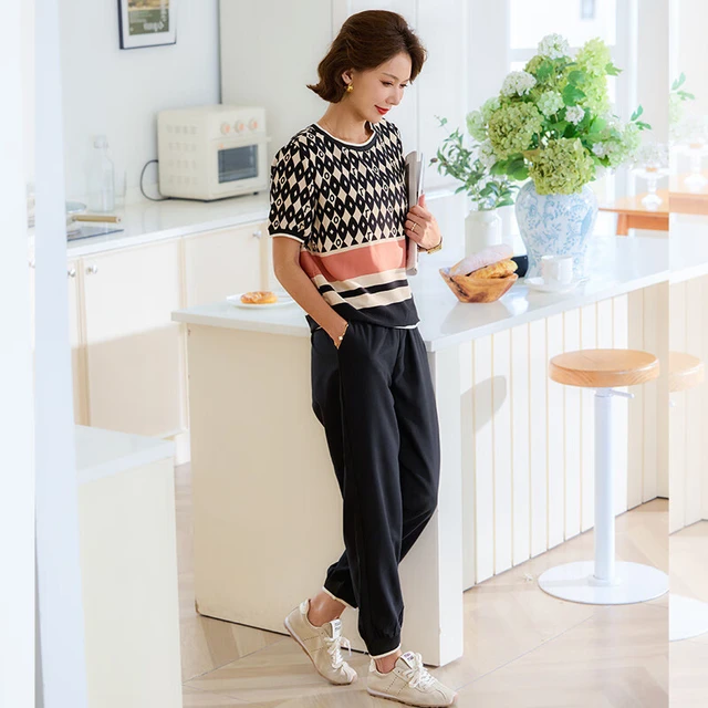 宝莲朵年轻妈妈装夏季时尚运动服套装中老年女装晨练两件套圆领薄款T恤