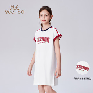 英氏（YEEHOO）女童连衣裙儿童裙子夏季休闲圆领刺绣透气中裙女孩半袖中大童装 Y篮球宝贝-白色 140