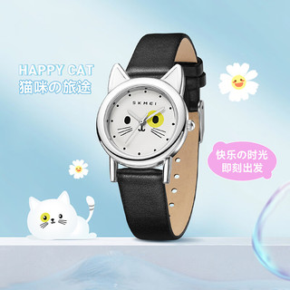时刻美（skmei）给女生 喵星系列 女表时尚可爱初中生精致石英表 白面黑带