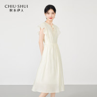 秋水伊人 莱赛尔浪漫简约连衣裙夏季女装无袖V领A摆裙子 米白 M