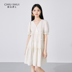 秋水伊人 气质V领时尚连衣裙夏季女装甜美减龄娃娃裙子 米色 M