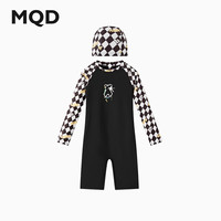 马骑顿（MQD）【泳衣套装】MQD男大童夏季游泳长袖棋盘格泳帽套装 黑色 140
