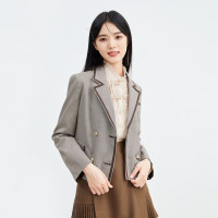 秋水伊人 格纹春季西装直筒气质复古休闲学院风小个子西装外套女 咖啡色 M