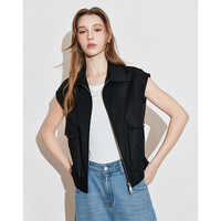 初语苎麻棉马夹外套女2025年春季拉链翻领休闲马甲开衫上衣 黑色 M