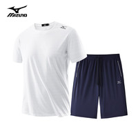 美津浓 Mizuno户外套装男夏季透气凉爽速干圆领T恤上衣短裤男百搭组合装 黑色+黑色 L
