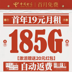 中国电信 自动返话费 首年19元月租（无合约期+185G全国流量+首月免月租）畅享5G逍遥卡~