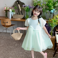 大嘴猴童装女童连衣裙2025夏季新款时髦网纱裙洋气小女生甜美针织短袖裙 湖蓝色 100