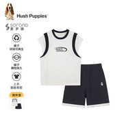 暇步士(Hush Puppies)童装儿童男大童2025夏季清凉舒适经典假两件休闲运动风套装 藏蓝 【宽松版】 120