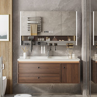 勒臣新式中古风陶瓷一体胡桃色实木智能浴室柜组合洗漱台洗脸柜洗手盆 80cm+智能方镜+陶瓷一体盆