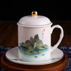 錦鳯 景德镇陶瓷茶杯带盖骨瓷会议杯商务办公杯盖杯可印字定制logo 千里江山进士杯碟1套