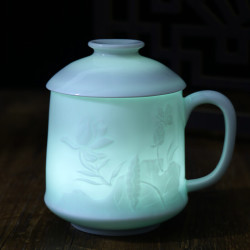 錦鳯 影青雕刻陶瓷茶杯 带盖带茶漏 影青荷花 礼盒装