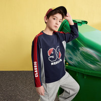 马骑顿（MQD）男童25春学院复古撞色拼接潮酷休闲运动长袖T恤 藏青 140