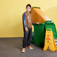 马骑顿（MQD）男童25春学院复古撞色拼接潮酷休闲运动长袖T恤 浅咖 140