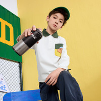 马骑顿（MQD）男童25春学院风格撞色翻领中大童上衣休闲长袖POLO衫 本白 130