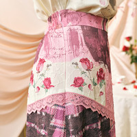 两三事半糖格子 2025春季森系风蕾丝拼接格子印花高腰半身裙 粉色格子-y S