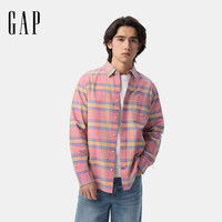 Gap 男装2025春季基础款纯棉翻领长袖衬衫常规上衣美版488512 粉色格纹