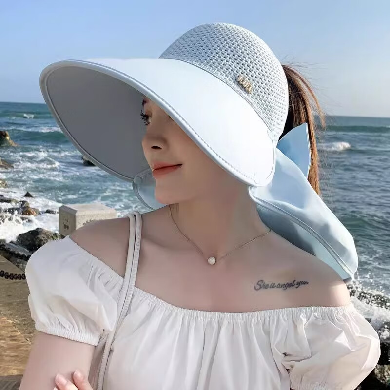 斐卡薇大帽檐遮阳帽子女夏季户外开车骑行护颈空顶防晒帽可扎马尾太阳帽 针织披肩-米色