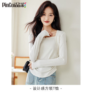 品彩长袖T恤女方领修身百搭打底衫不规则设计感显瘦上衣 P138T2507 M