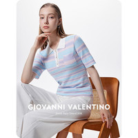 卓凡尼·卓凡尼·华伦天奴 GIOVANNI VALENTINO(GIOVANNI VAENTINO)短袖针织衫女士春夏季翻领撞色条纹T恤薄款时尚打底衫