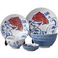 Mino Yaki/美浓烧日式画信鲷鱼米饭碗套装釉下碗盘家用餐具
