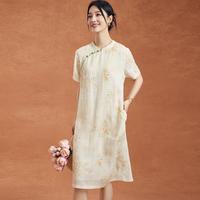 【天丝苎麻新中式裙子】夏季盘扣印花短袖纯棉里衬连衣裙