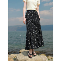 三彩2025夏季碎花半身裙荷叶边开叉鱼尾裙浪漫长裙M 黑米花卉 XL 170/76A