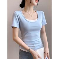 假两件短袖t恤女2025夏季U领纯棉体恤修身撞色拼接收腰上衣潮 黑色 S