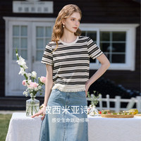 香影 流苏条纹黑色t恤女短袖2025夏装宽松休闲风正肩圆领上衣 黑色 T恤款