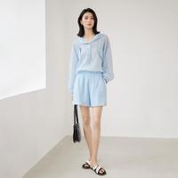夏装清透舒适袋盖装饰连帽上衣短裤两件套女式休闲套装