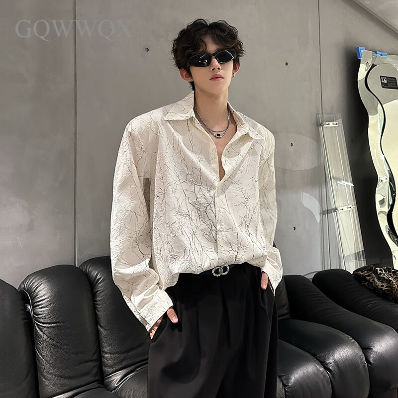 GQWWQX时尚穿搭cleanfit褶皱肌理感垫肩衬衫男美式高街痞帅高级感衬衣 白色 L