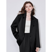 初语一手长缎面西装外套女2025年春季开叉高级感西服通勤上衣 墨黑色 XL