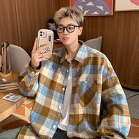OEMG美式复古格子衬衫男春秋季新款oversize长袖衬衣宽松情侣外套