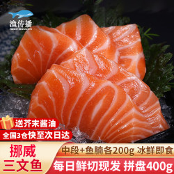 渔传播 挪威冰鲜三文鱼中段200g+鱼腩200g