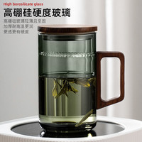 溥畔绿茶杯带月牙过滤日式木把泡茶杯茶水分离办公室男女士高档喝水杯 无盖.茶漏一体杯550ml青灰-木把