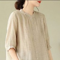 子牧棉麻2025春夏装 女休闲套装文艺上衣+哈伦休闲裤宽松两件套2152 香槟上衣+卡其裤子 L (115-130斤)