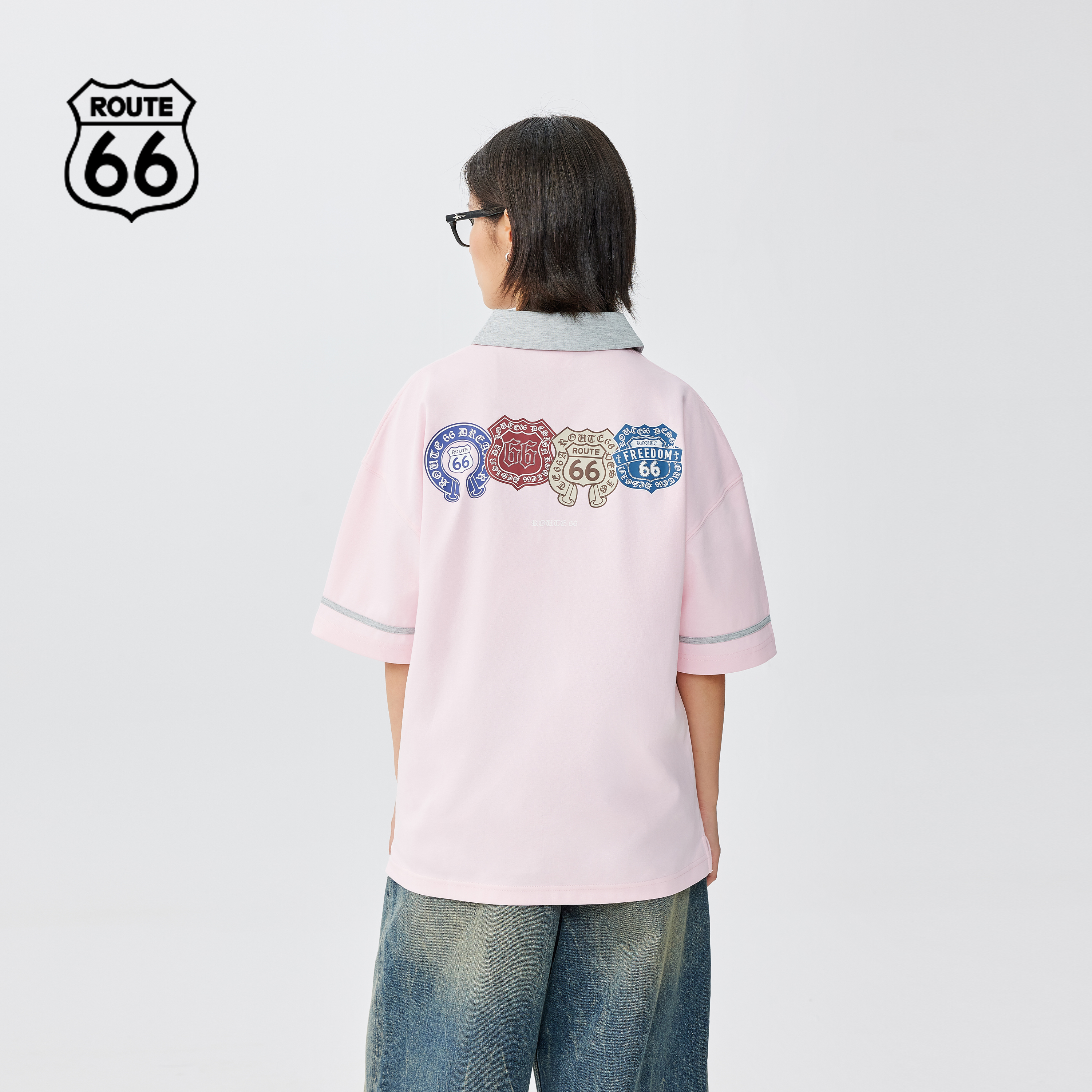 Route66/66号公路半拉链撞色哥特元素透气凉感弹力翻领Polo衫
