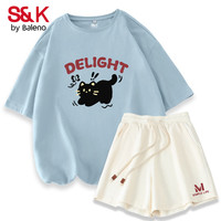 班尼路S&K系列运动T恤套装女夏小个子休闲上衣短裤夏日穿搭一整套 粉黑猫红字+杏黑猫红字左下 2XL