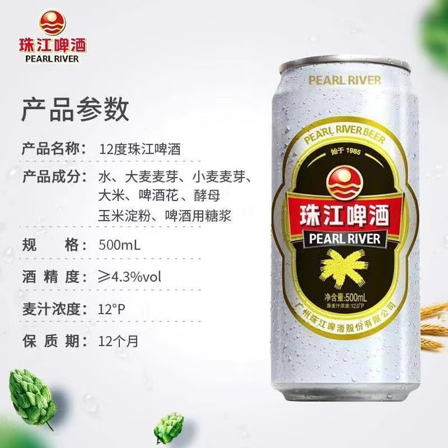 珠江啤酒 12度 经典老珠江啤酒500ml*12听